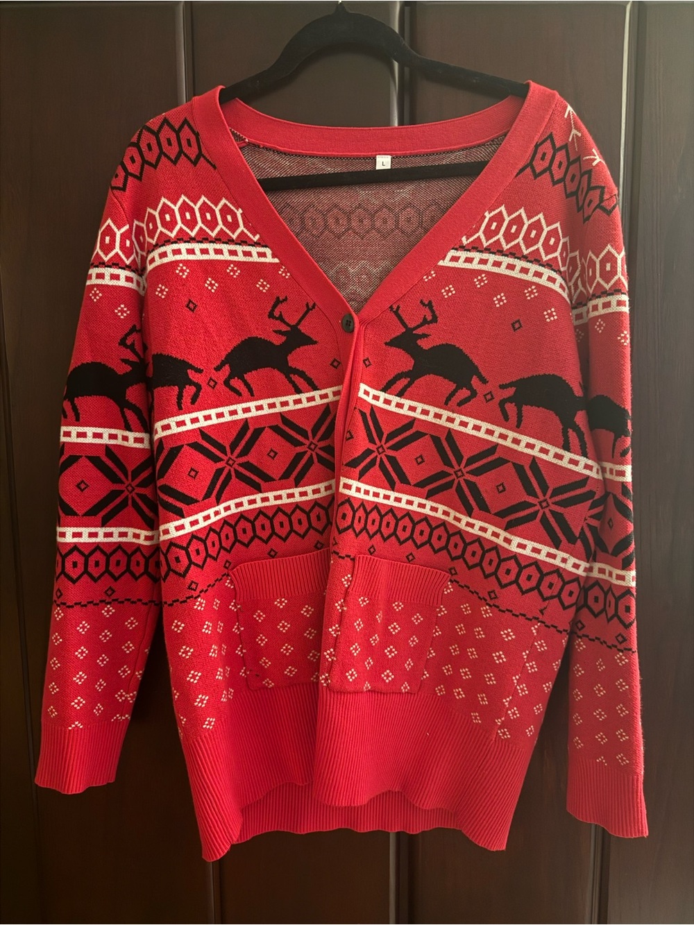 Lukycild Red Reindeer Fair Isle Christmas Cardigan Size L